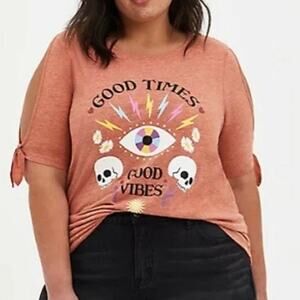 Torrid Plus Good Times Good Vibes Cold Jersey Shoulder Tee Shirt Size 1X (14/16)